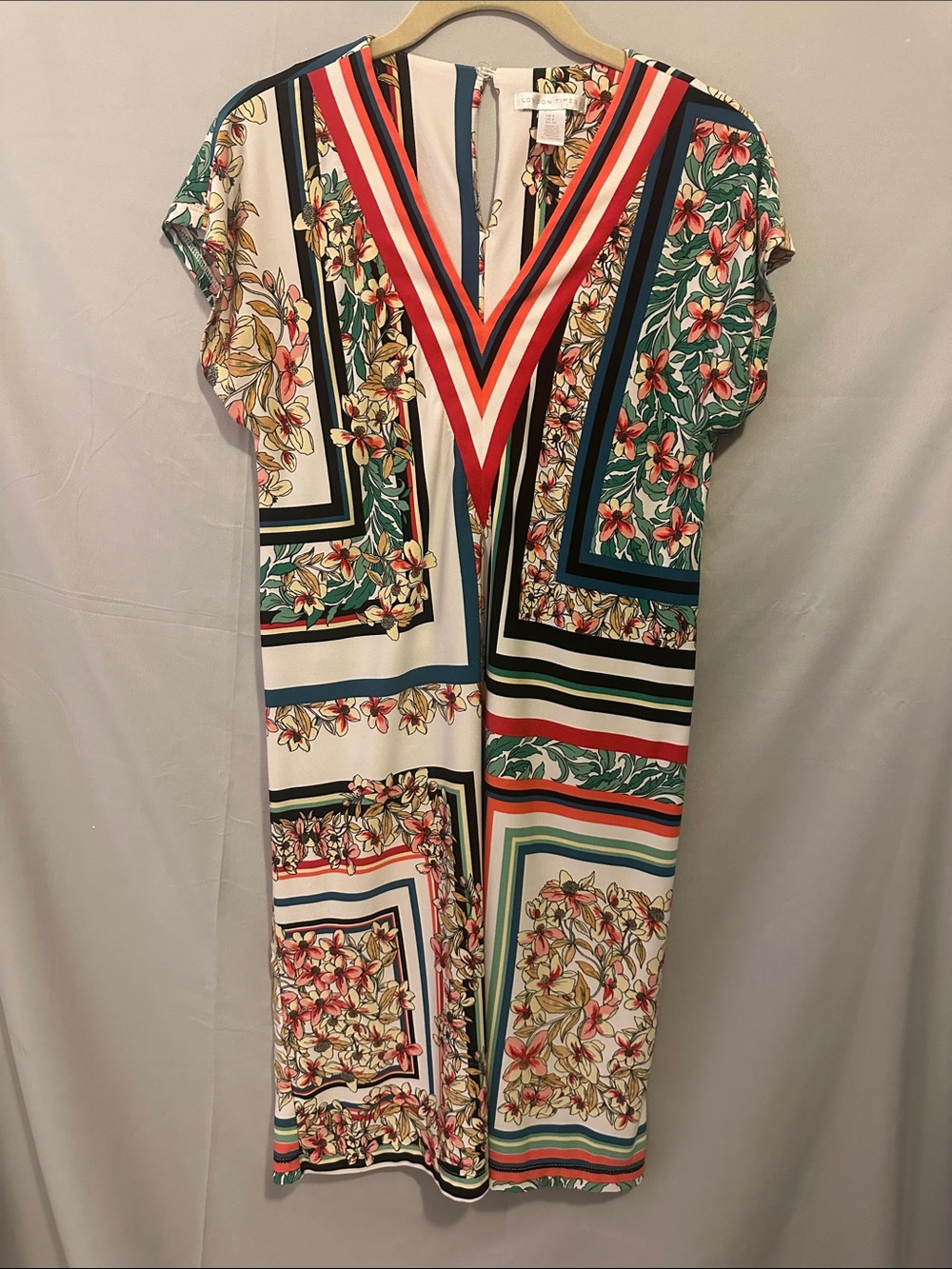 London Times Ivory Floral-Print Midi Dress with Red & Green Accents
